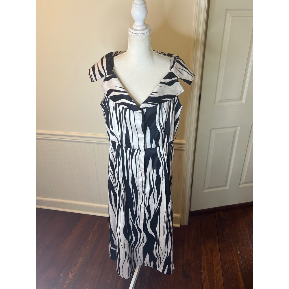 Donna Karan New‎ York Zebra Print Portrait Collar Midi Dress Black White 14 NEW